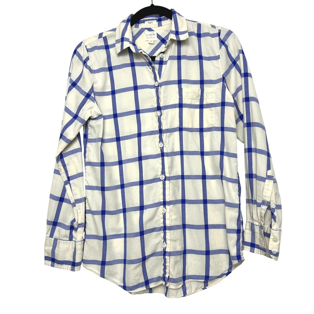 J Crew Women's Blue Plaid Button Down Shirt‎ Boyfriend Fit Cotton XS